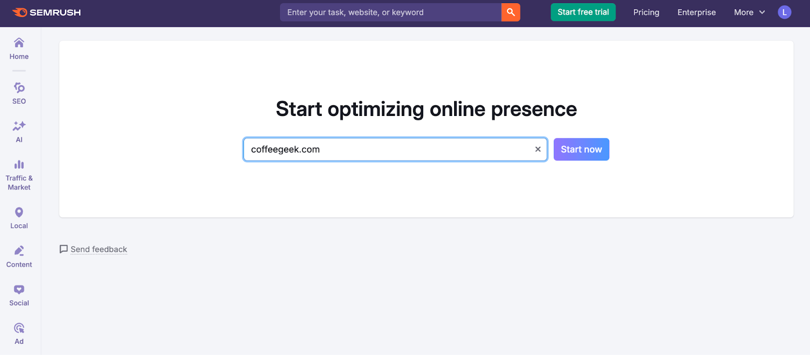 Semrush start page
