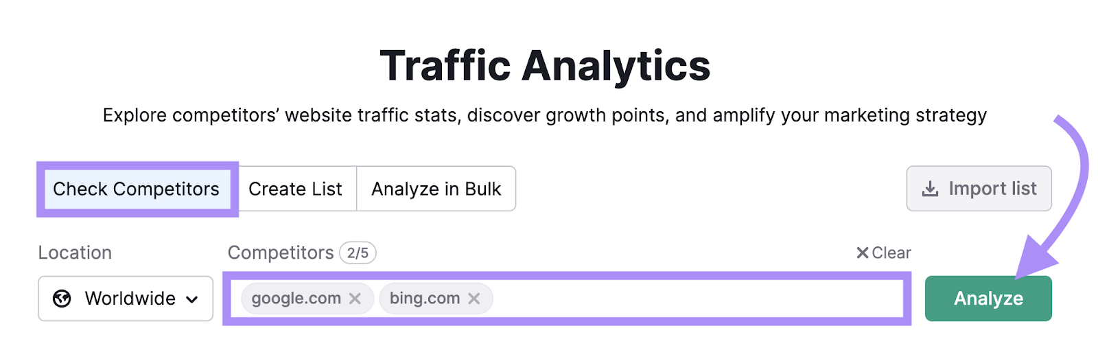 "google.com," and "sr03.myamztools.com/__blocked-external" entered into Traffic Analytics search bar