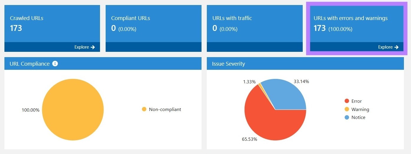 URLs with errors and warnings on Netpeak Spider.