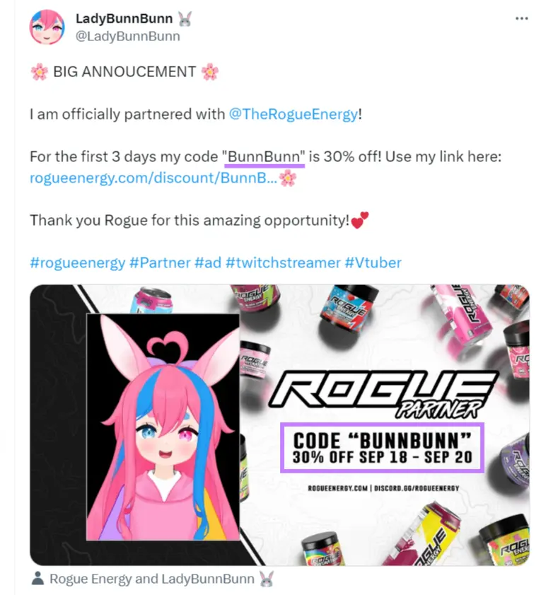 A post on X by an affiliate promoting Rogue Energy with the coupon code highlighted.