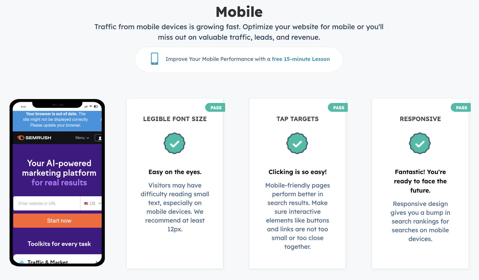 The Website Grader tool checks legible font size, tap targets, and responsiveness.