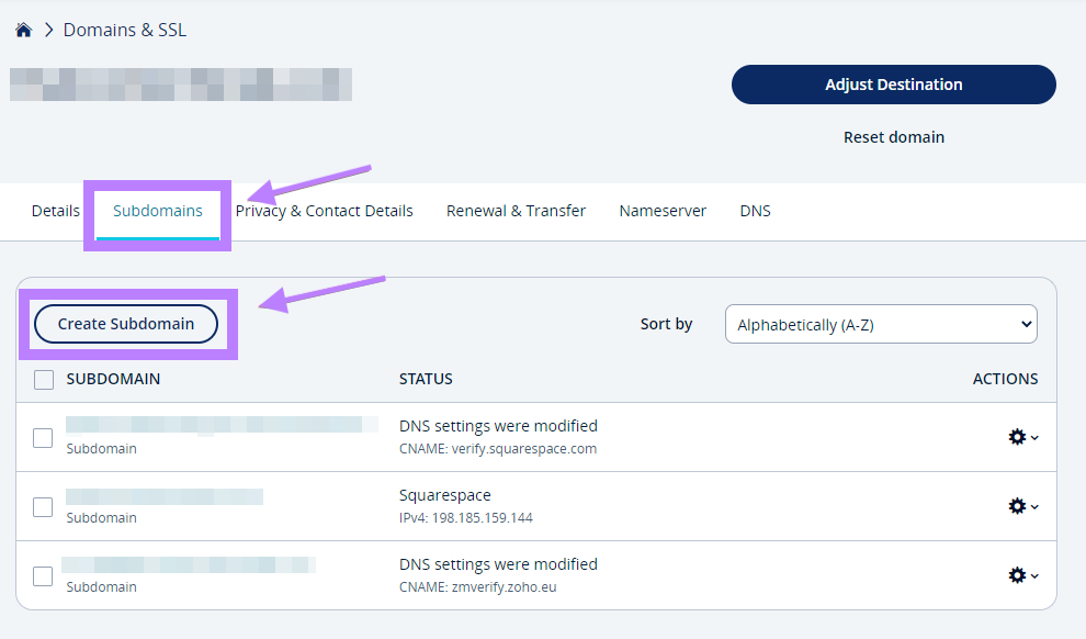 Navigating to “Create Subdomain” button in IONOS