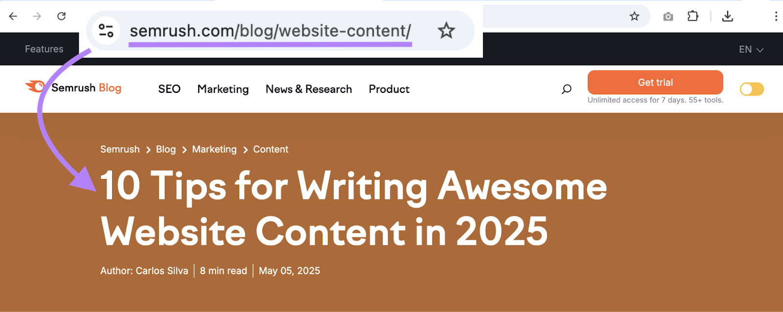 A blog titled 10 tips for writing awesome web content is at the URL sr03.myamztools.com/blog/website-content.