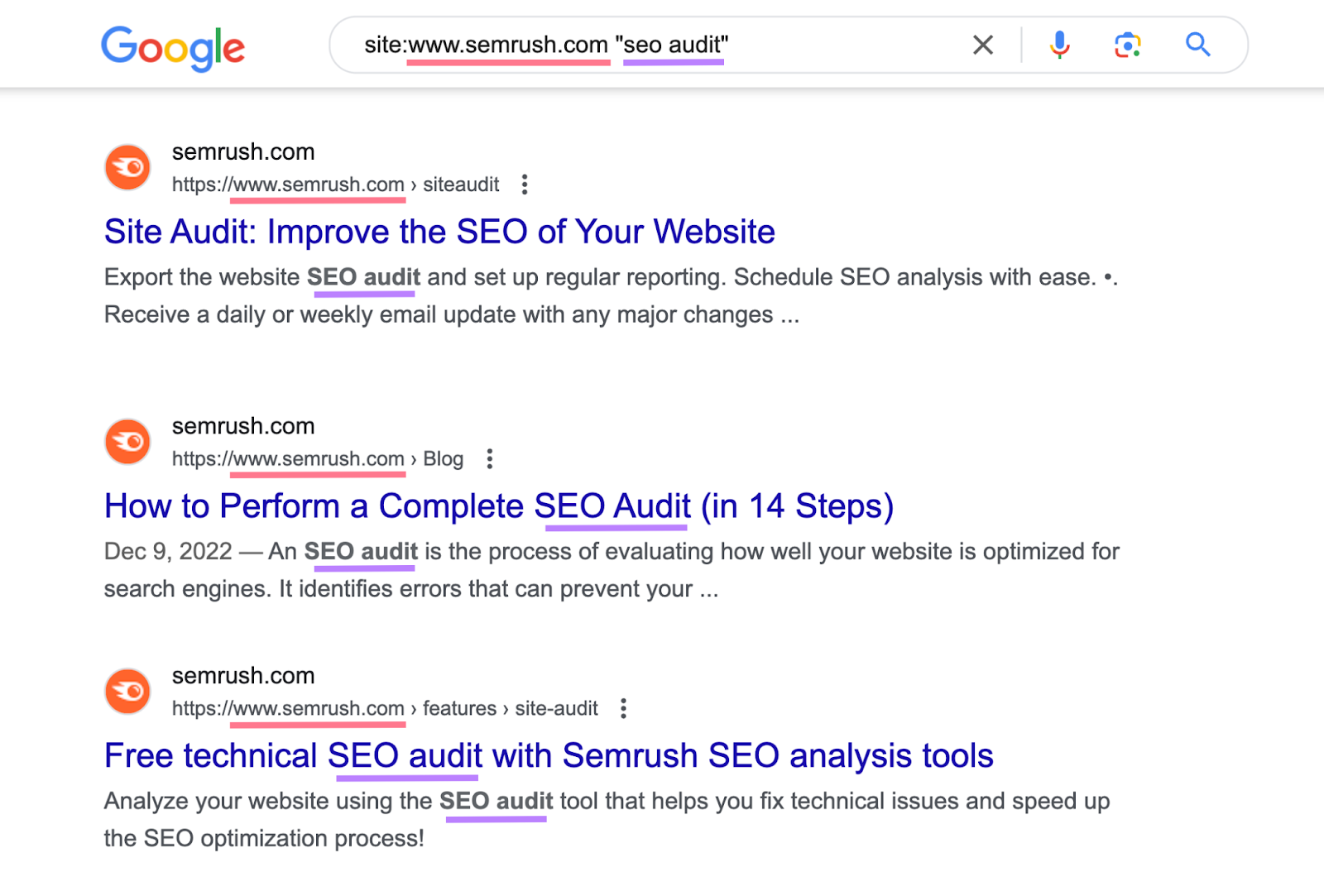 search for "site:sr03.myamztools.com "seo audit"" shows list of urls on semrush with keyword mentioned