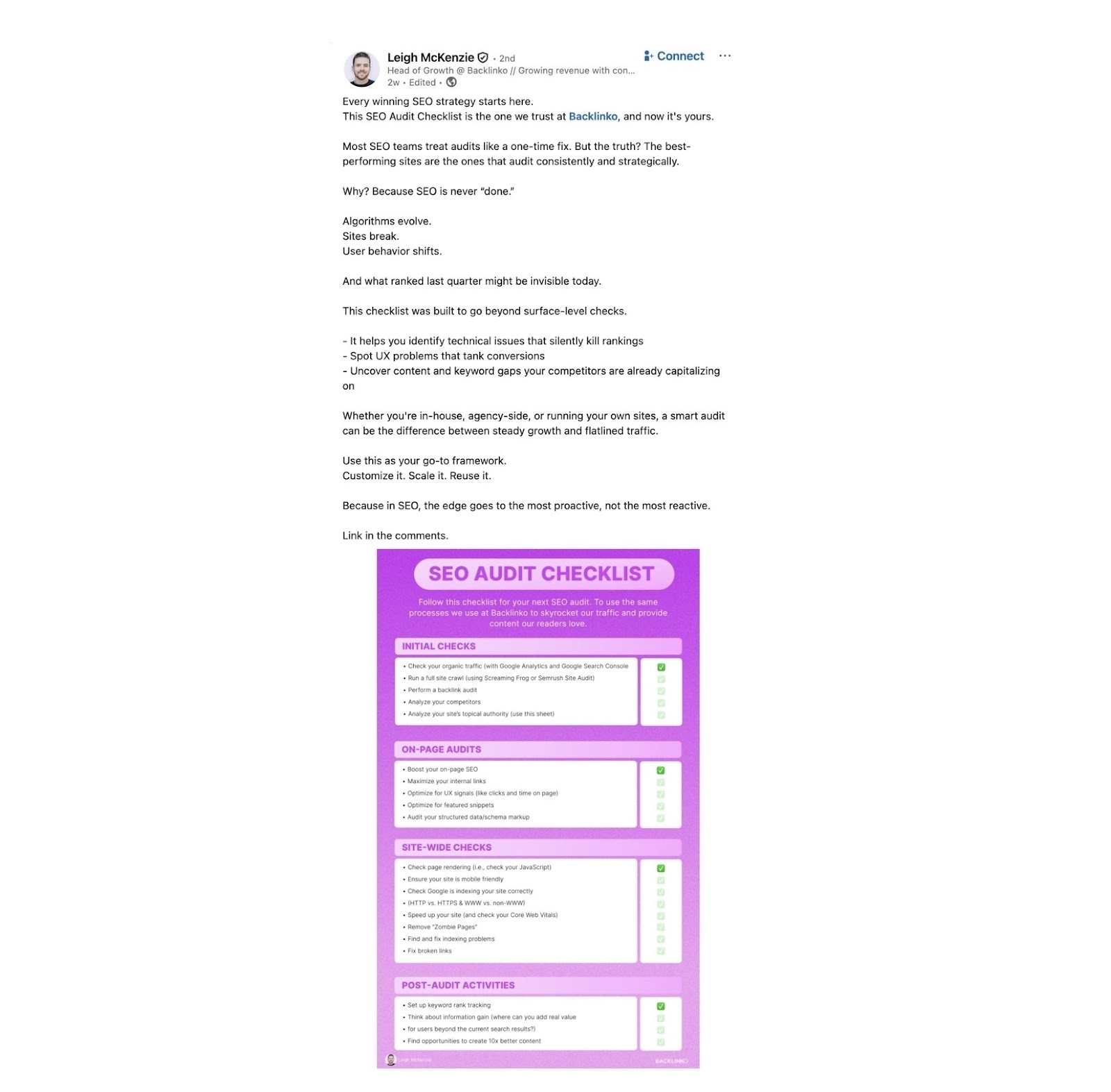 A LinkedIn post on the personal account of Leigh McKenzie, Head of Growth at Backlinko, promoting a newly published blog post by Backlinko.