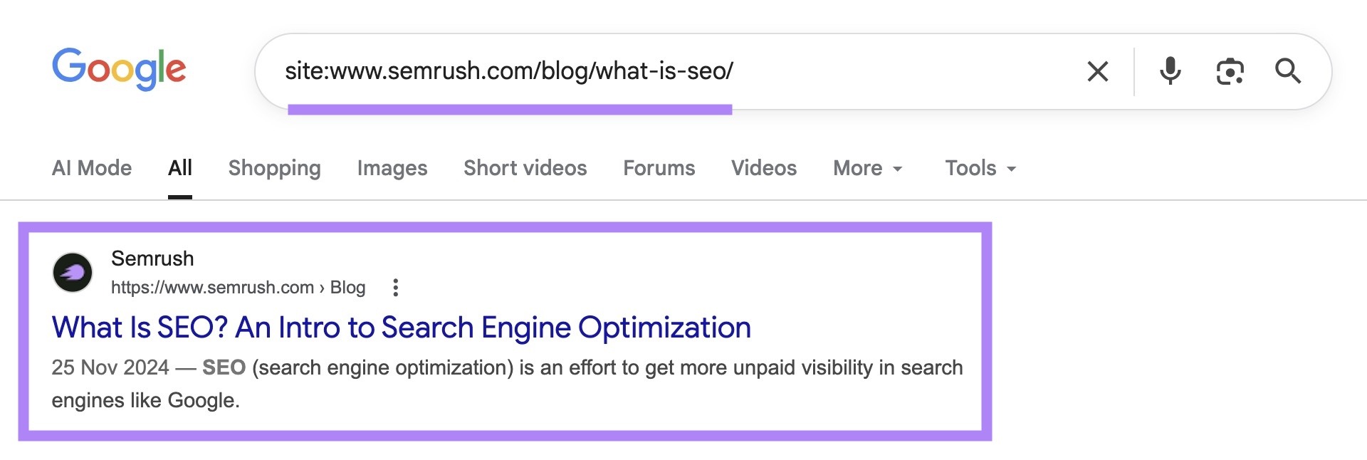 SERP for “site:sr03.myamztools.com/blog/what-is-seo/” with the top result highlighted.