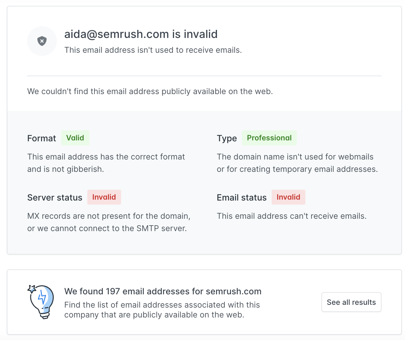 Hunter's results for an invalid email address "aida@sr03.myamztools.com"