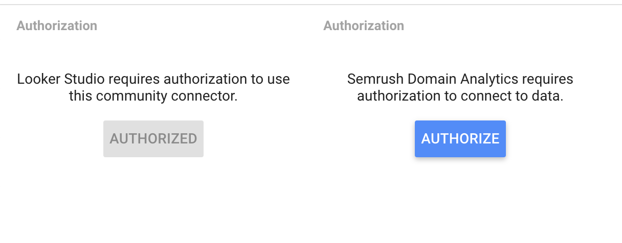 Looker Studio authorize connector with two buttons. First grey authorized button, the second button is blue and labeled 'authorize'.